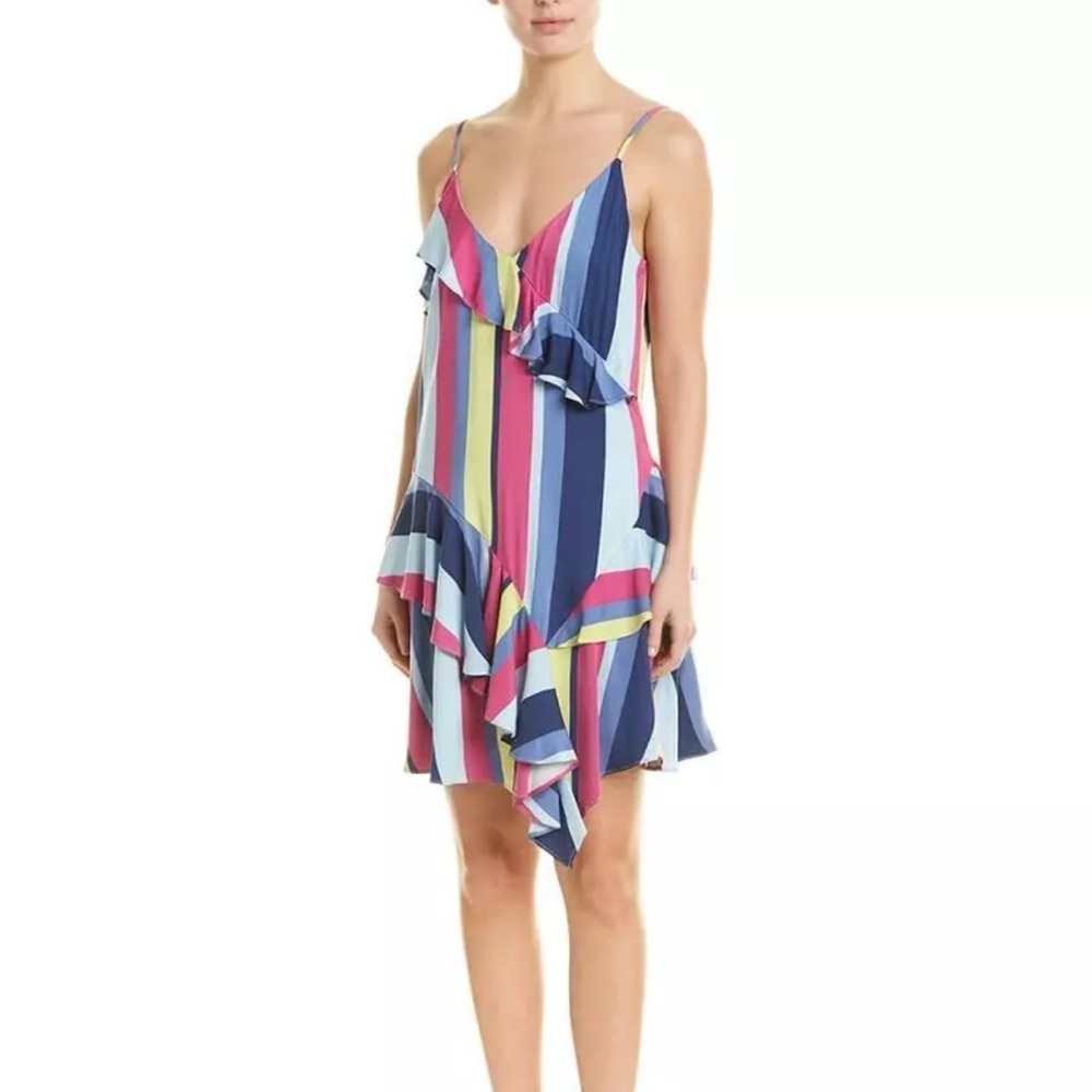 PARKER Sleeveless Asymmetric Ruffe Trimmed Striped‎ Dress size Medium Colorblock